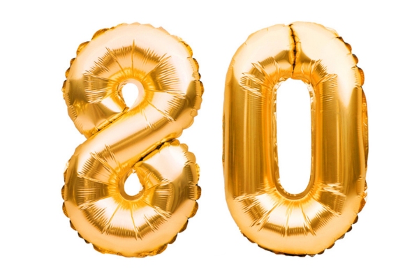 Number 80 eighty made of golden inflatable balloons depicting propane tank levels