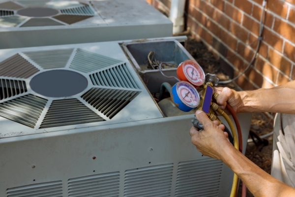 Air conditioning technician performing maintenance on air conditioning unit