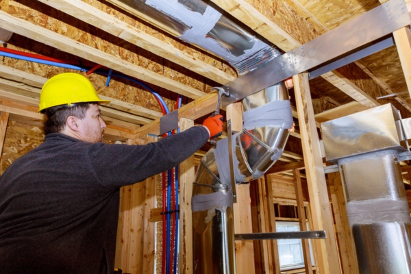 HVAC technician sealing air leaks and attending to the duct system